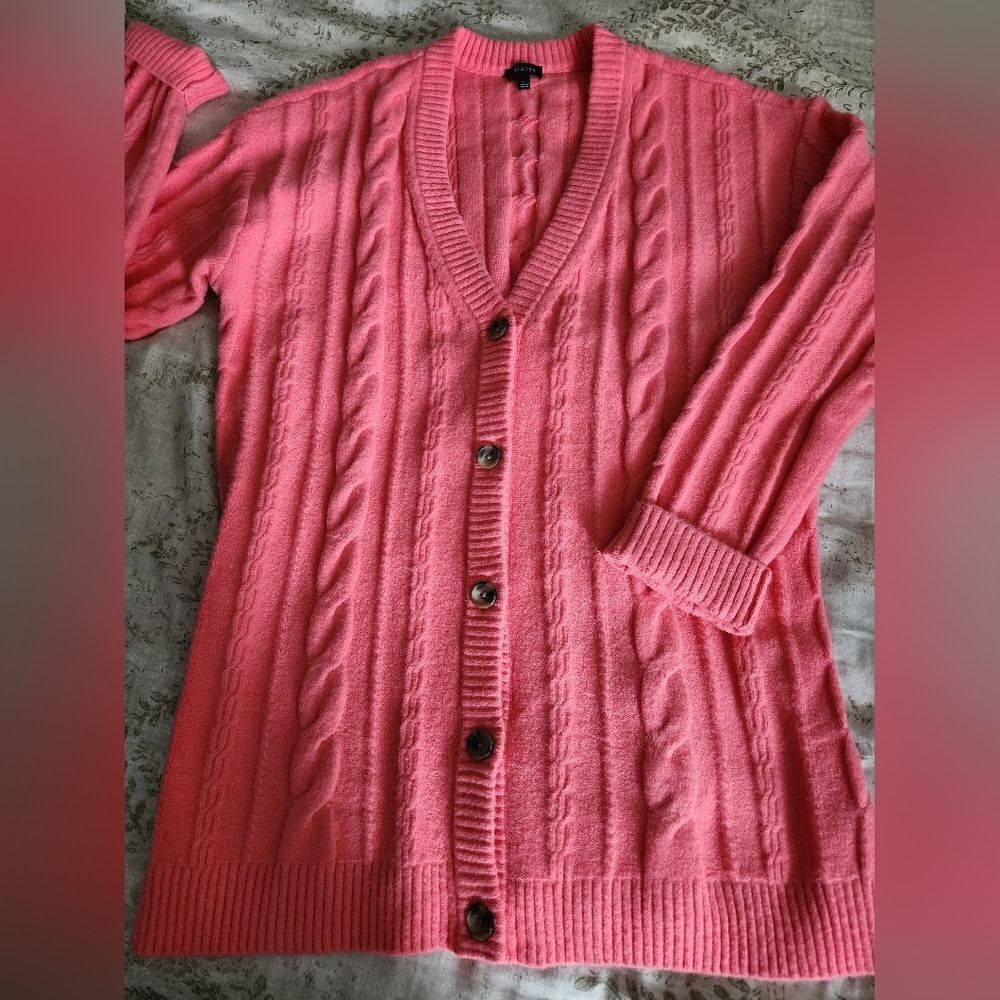 Wool Blend Coral Pink Cable Knit Cardigan Sweater Minimalist Eclectic Grandpa